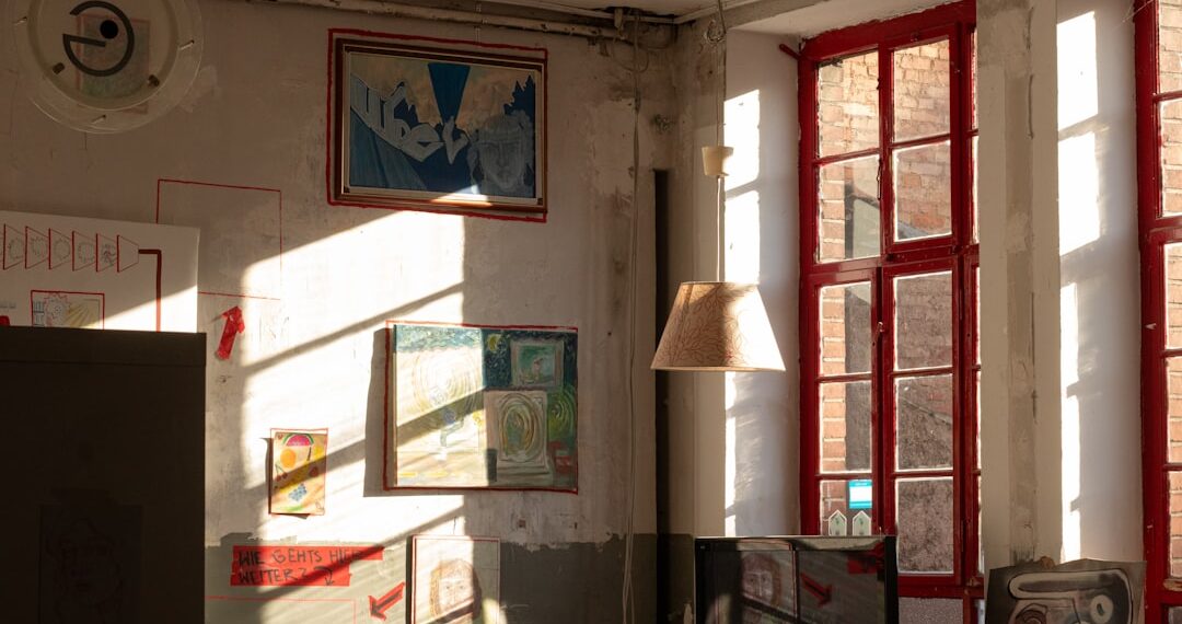 Sun shining into a small art gallery.