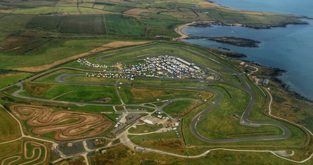 Aerial view of a race track in Anglesey